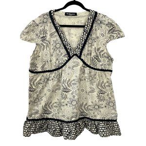 MIX NOUVEAU Top Black Cream Floral V Neck Crochet Detail Cap Sleeve 2XL